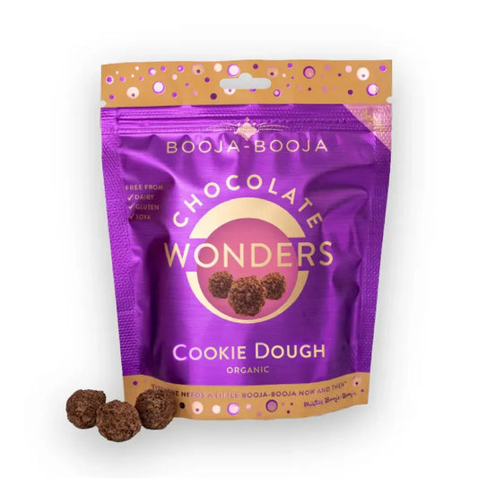 Booja Booja Wonders Cookie Dough packaging featuring chocolate delights, perfect for a delicious snack adventure.