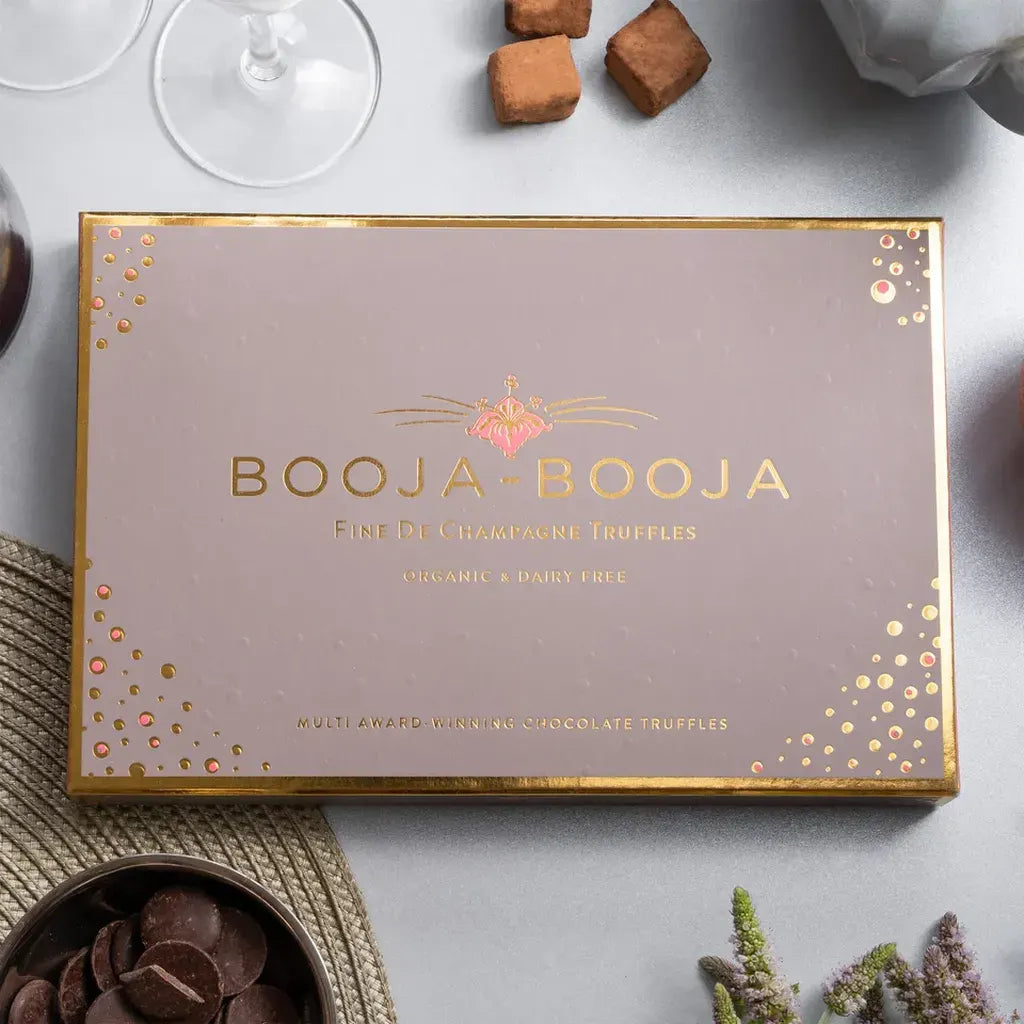 Booja Booja Fine De Champagne Sixteen Truffles packaging featuring organic and dairy-free chocolate delights.