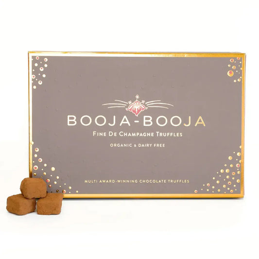 Booja Booja Fine De Champagne Sixteen Truffles pack with chocolate truffles in front, organic and dairy-free.