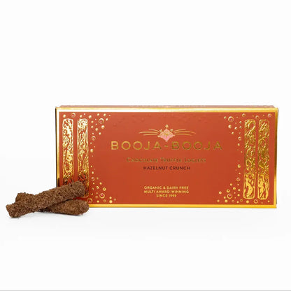 Booja Booja Loglets Hazelnut Crunch box with truffle loglets, organic and dairy-free chocolate treats.