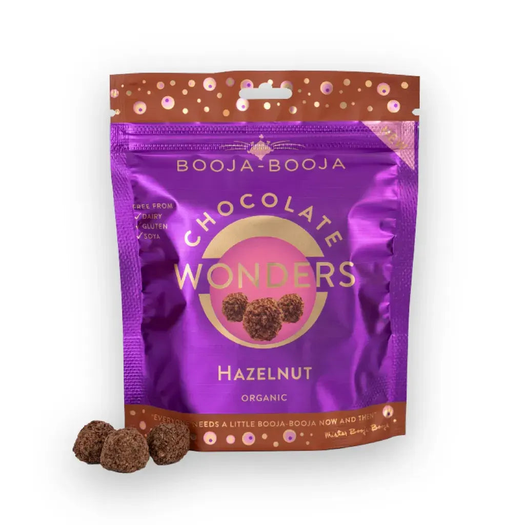 Booja Booja Wonders Hazelnut chocolate truffles in a vibrant packaging, perfect for a delightful treat.