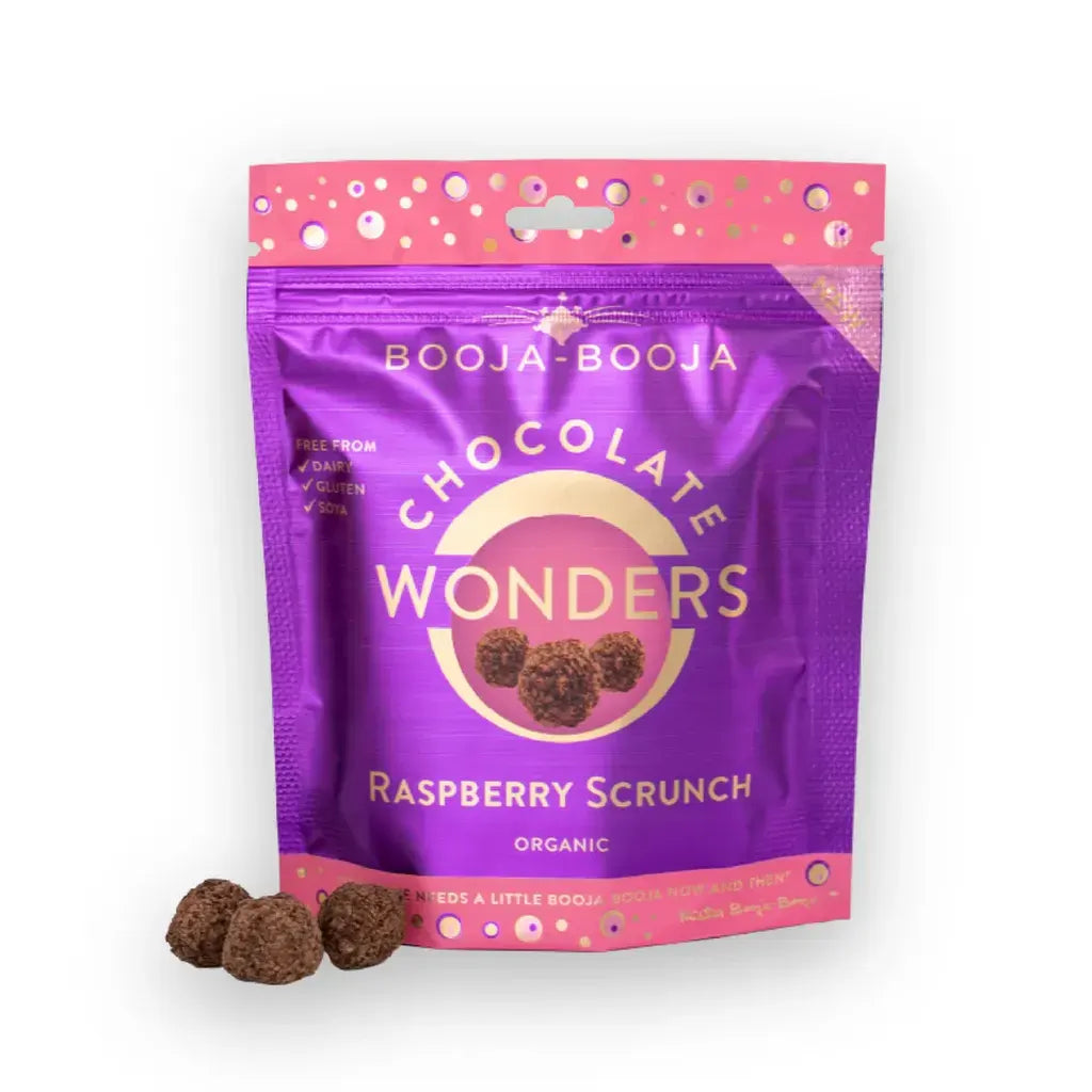 Booja Booja Wonders Raspberry Scrunch organic chocolate packaging with raspberry and caramel delights.