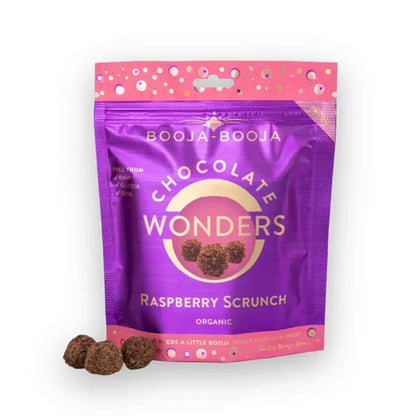 Booja Booja Wonders Raspberry Scrunch organic chocolate packaging with raspberry and caramel delights.