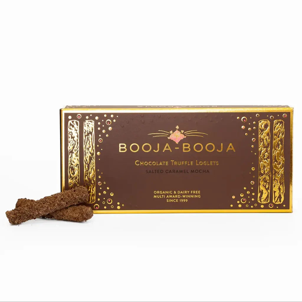 Booja Booja Loglets Salted Caramel Mocha box with chocolate truffle loglets on display.