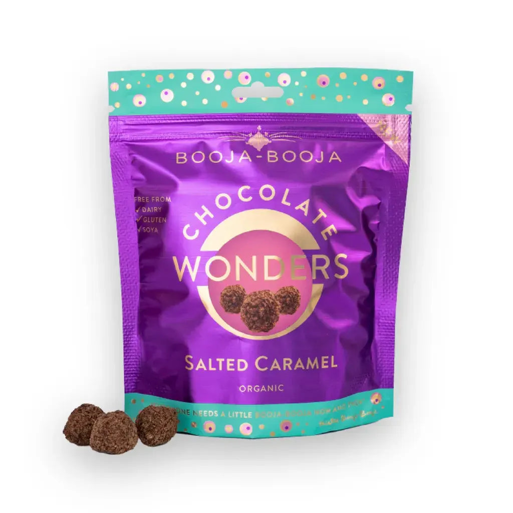 Booja Booja Wonders Salted Caramel chocolate snacks in a colorful packaging with three chocolates.
