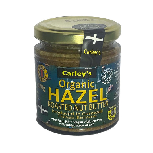 Carley's Hazelnut Butter Roasted Organic in a jar, made from 100% organic roasted hazelnuts, showcasing natural ingredients.