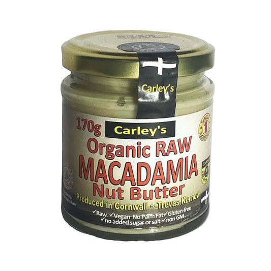 Carley's Macadamia Butter Organic jar showcasing creamy raw macadamia nut butter, labeled and ready for a nutritious treat.