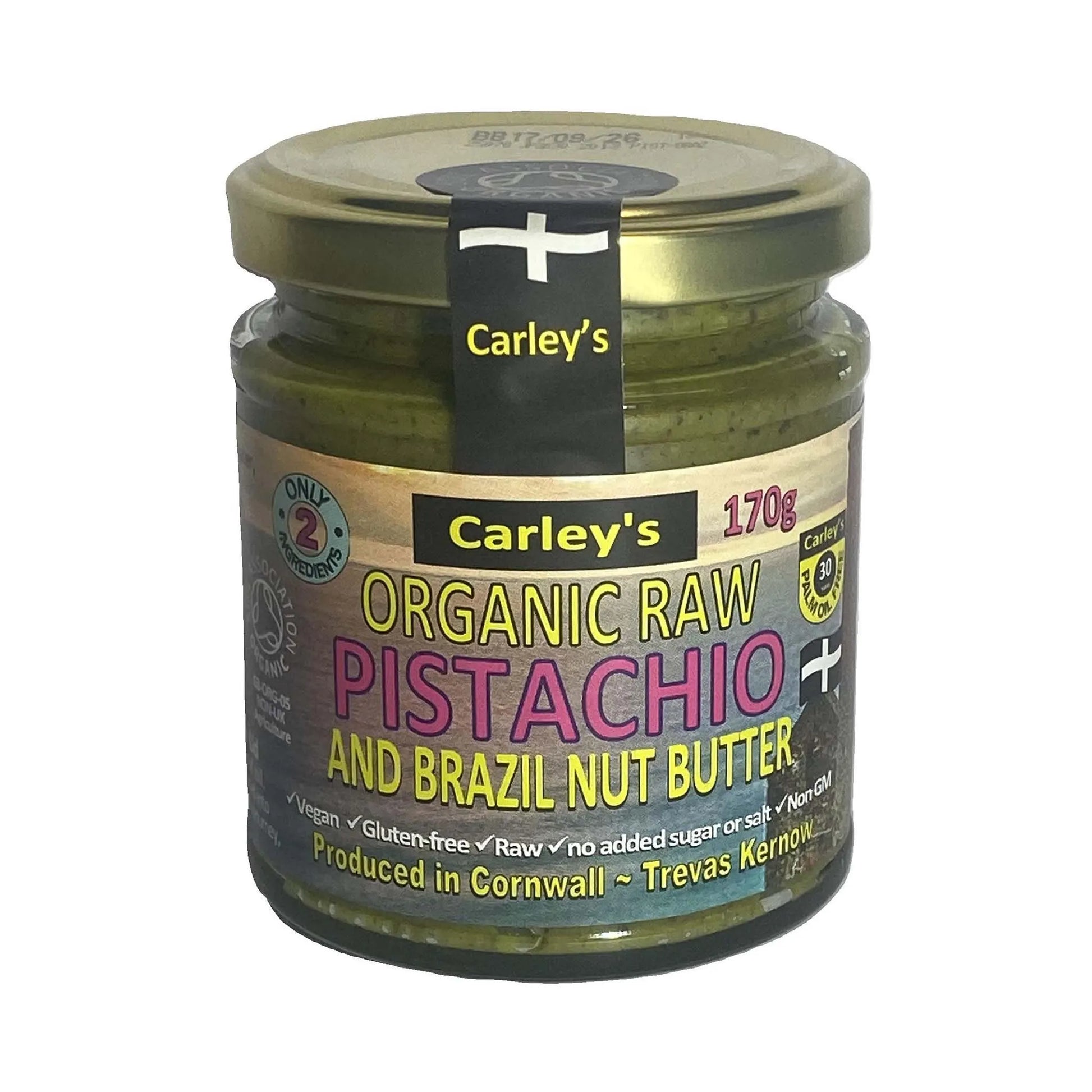 Carley's Pistachio & Brazil Nut Butter Organic jar featuring vibrant green butter and nutritional labels.