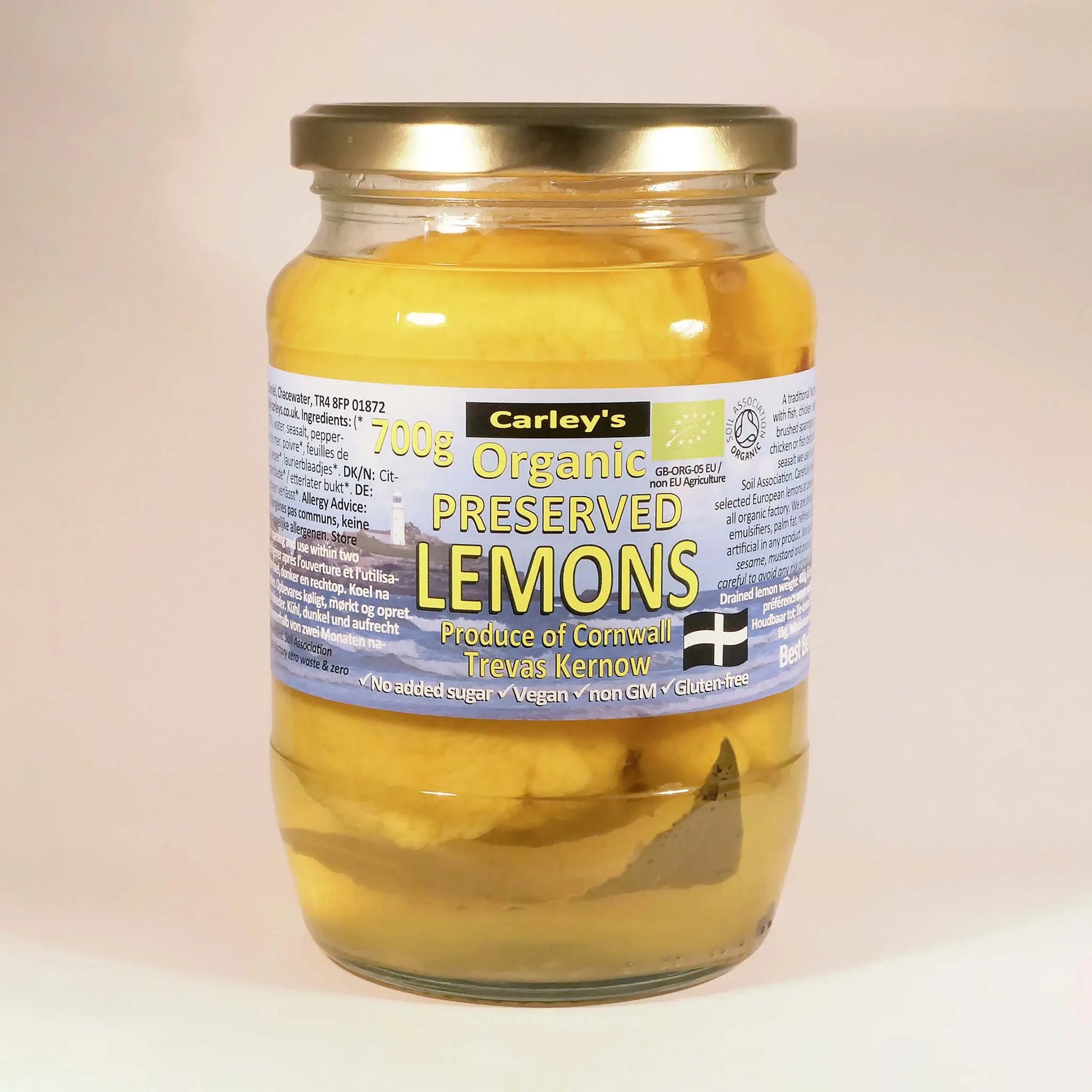Carley's Preserved Lemons Organic jar featuring Sicilian lemons brined with sea salt, bay leaves, and peppercorns.