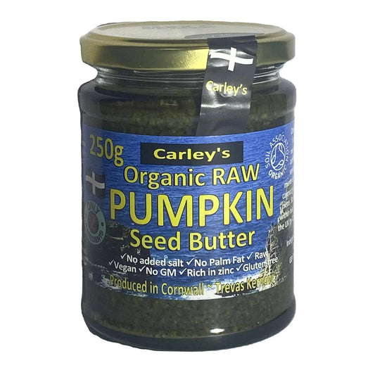 Carley's Raw Pumpkin Seed Butter Organic jar with blue label showcasing ingredients and health benefits.