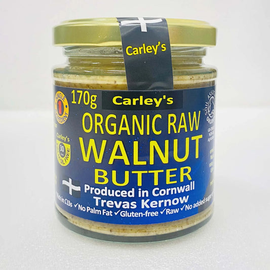 Carley's Walnut Butter Organic jar featuring smooth textured raw walnut butter, gluten-free and produced in Cornwall.