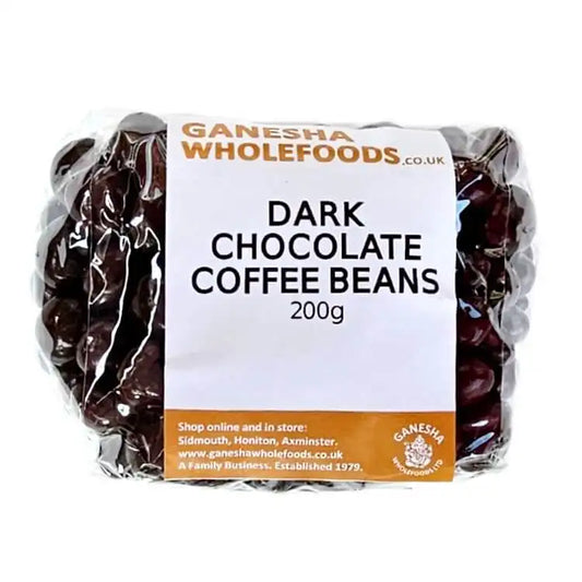 Dark Chocolate Coffee Beans packaging, 200g from Ganesha Wholefoods, showcasing gourmet coffee snack.