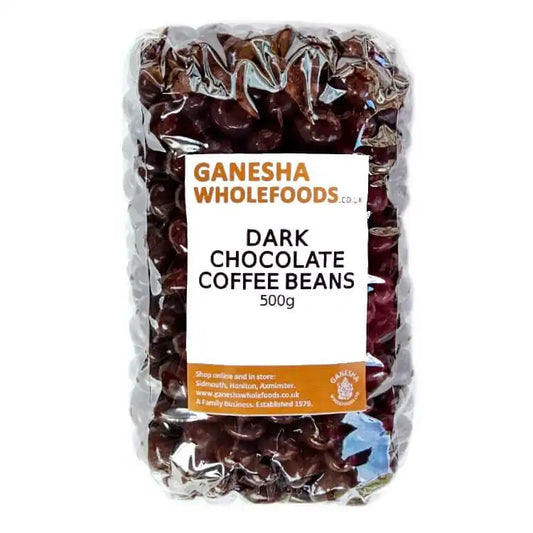 Dark Chocolate Coffee Beans package containing 500g of gourmet coffee beans coated in rich dark chocolate.