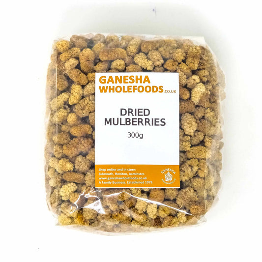 Pack of Ganesha Wholefoods dried mulberries on a white background