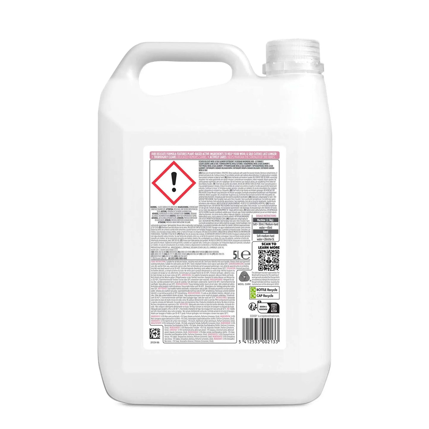 Ecover Delicate Wool & Silk Laundry Liquid waterlily & honeydew 5 Litre refill bottle back label.