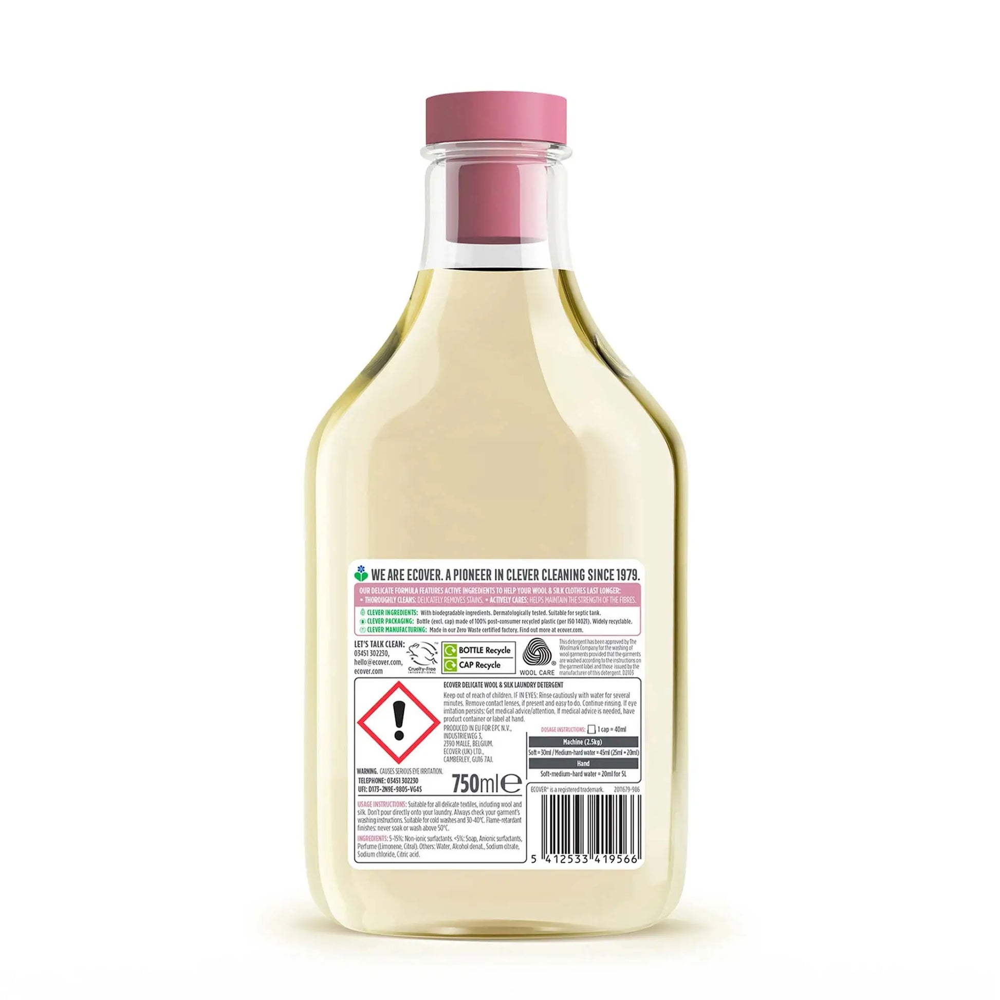 Ecover Delicate Wool & Silk Laundry Liquid detergent waterlily & honeydew 750ml bottle back label.