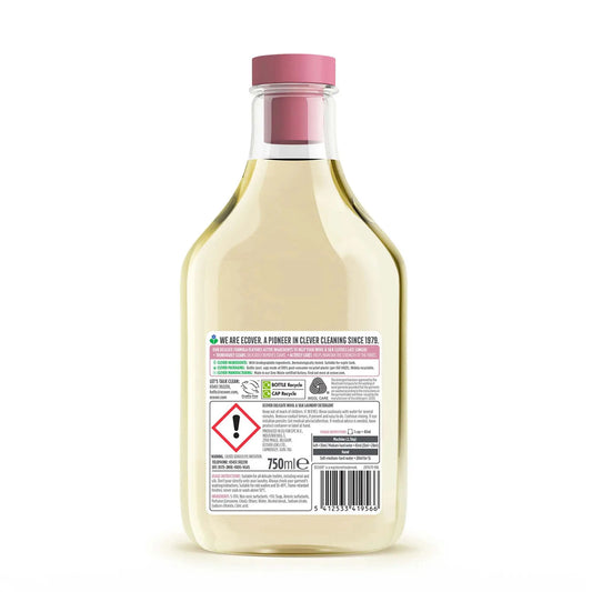 Ecover Delicate Wool & Silk Laundry Liquid detergent waterlily & honeydew 750ml bottle back label.