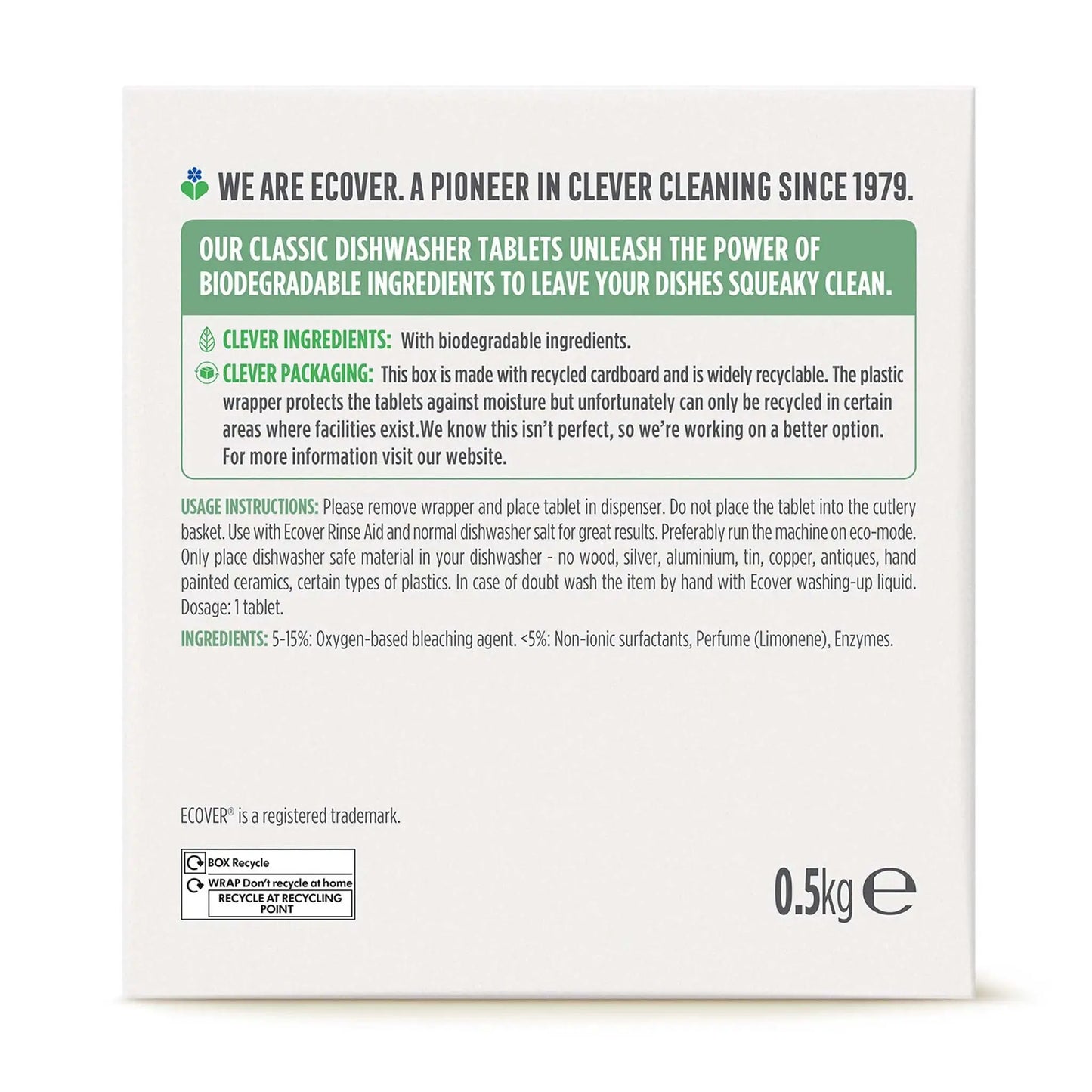 Ecover Classic Dishwasher Tablets lemon & lime 25 tablets cardboard box back label.