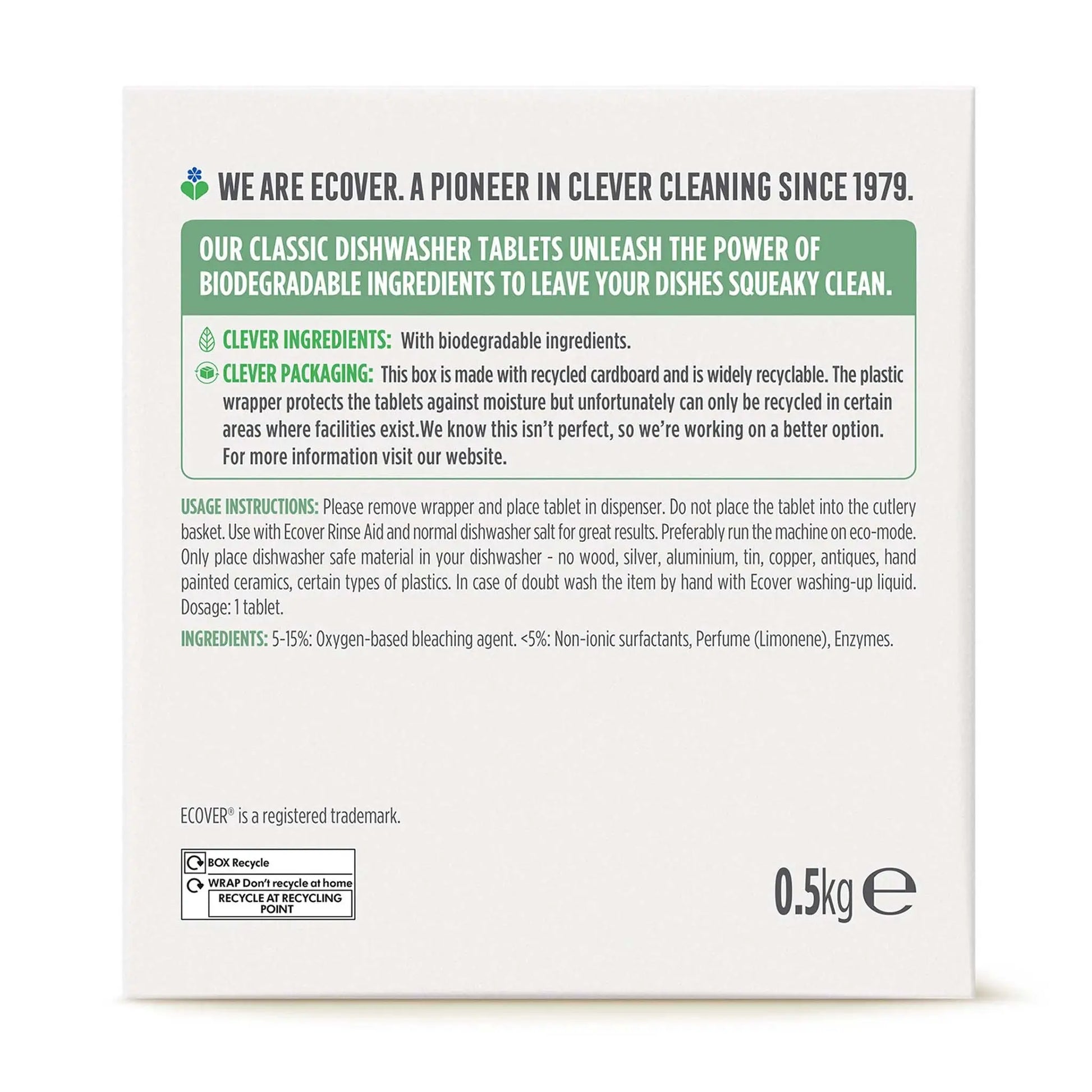 Ecover Classic Dishwasher Tablets lemon & lime 25 tablets cardboard box back label.