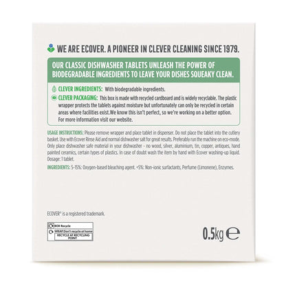 Ecover Classic Dishwasher Tablets lemon & lime 25 tablets cardboard box back label.