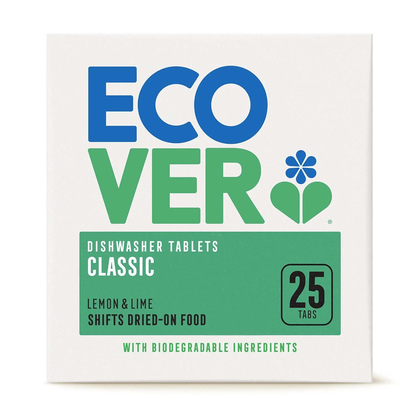 Ecover Classic Dishwasher Tablets lemon & lime 25 tablets in a cardboard box.