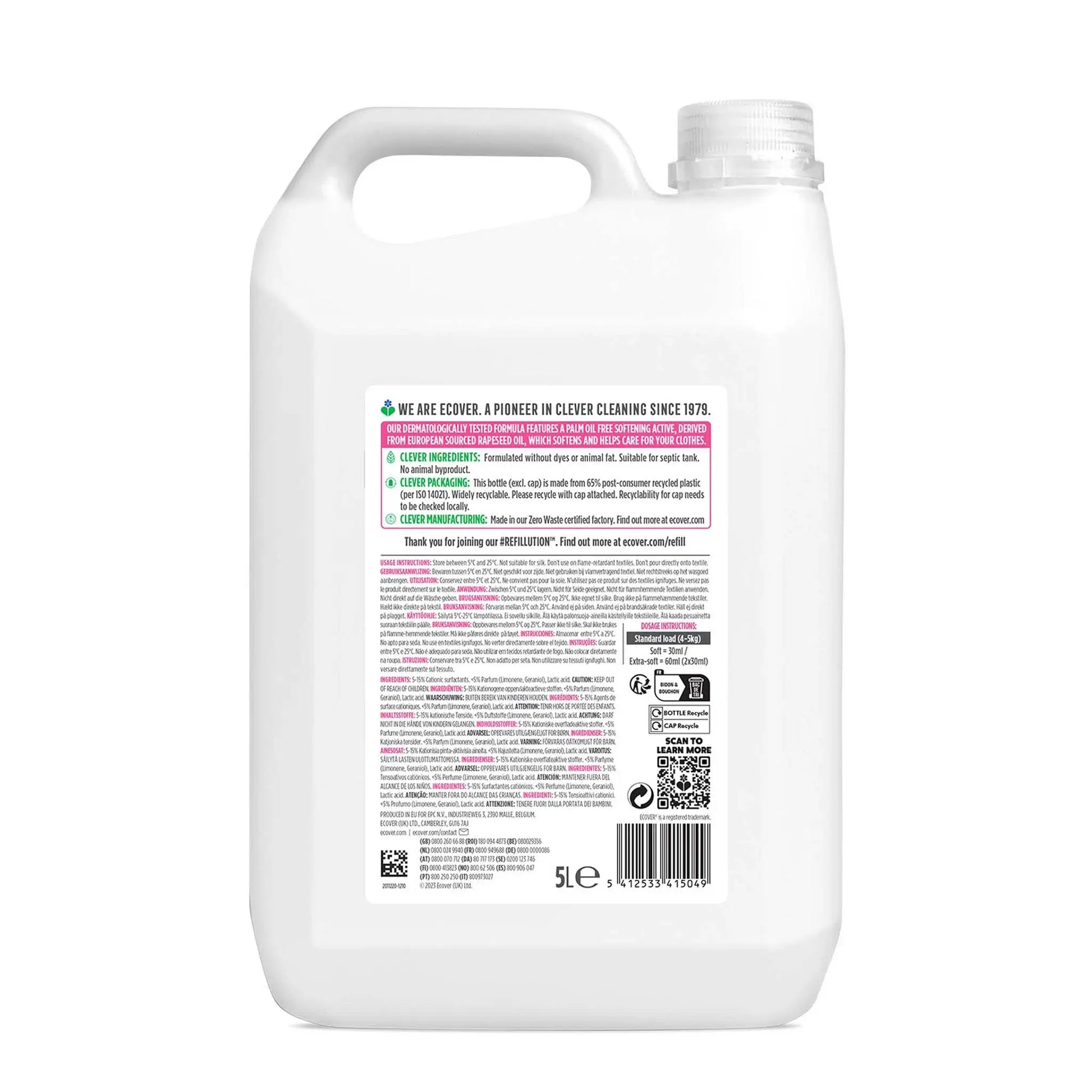 Ecover Fabric Softener Apple Blossom & Almond 5 Litre refill bottle back label.