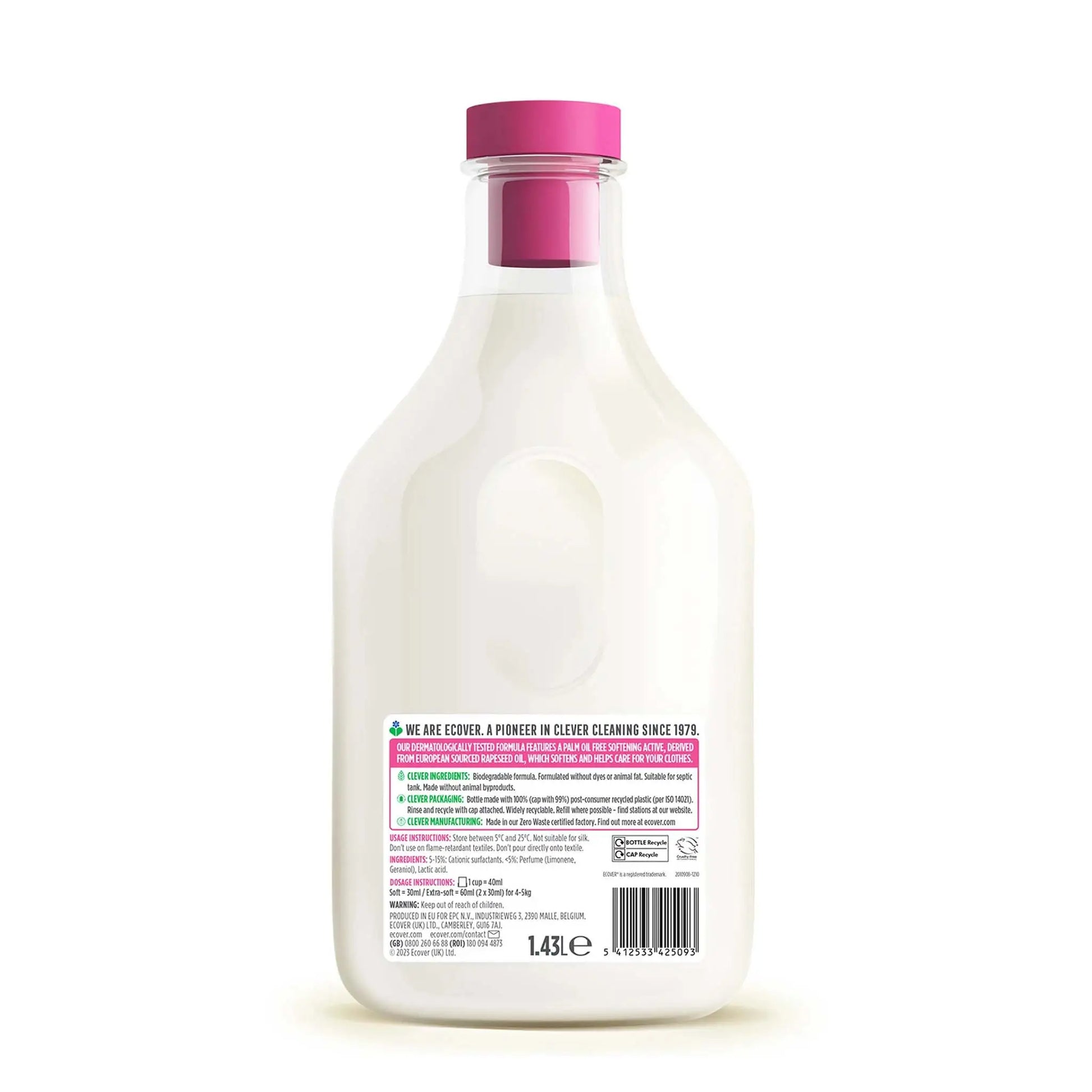 Ecover Fabric Softener Apple Blossom & Almond 750ml bottle back label.