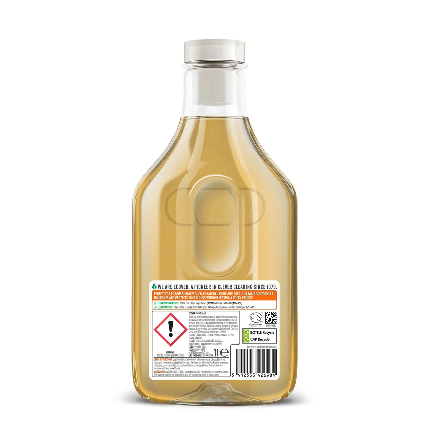 Ecover Floor Soap orange & lemon 1 litre bottle back label.