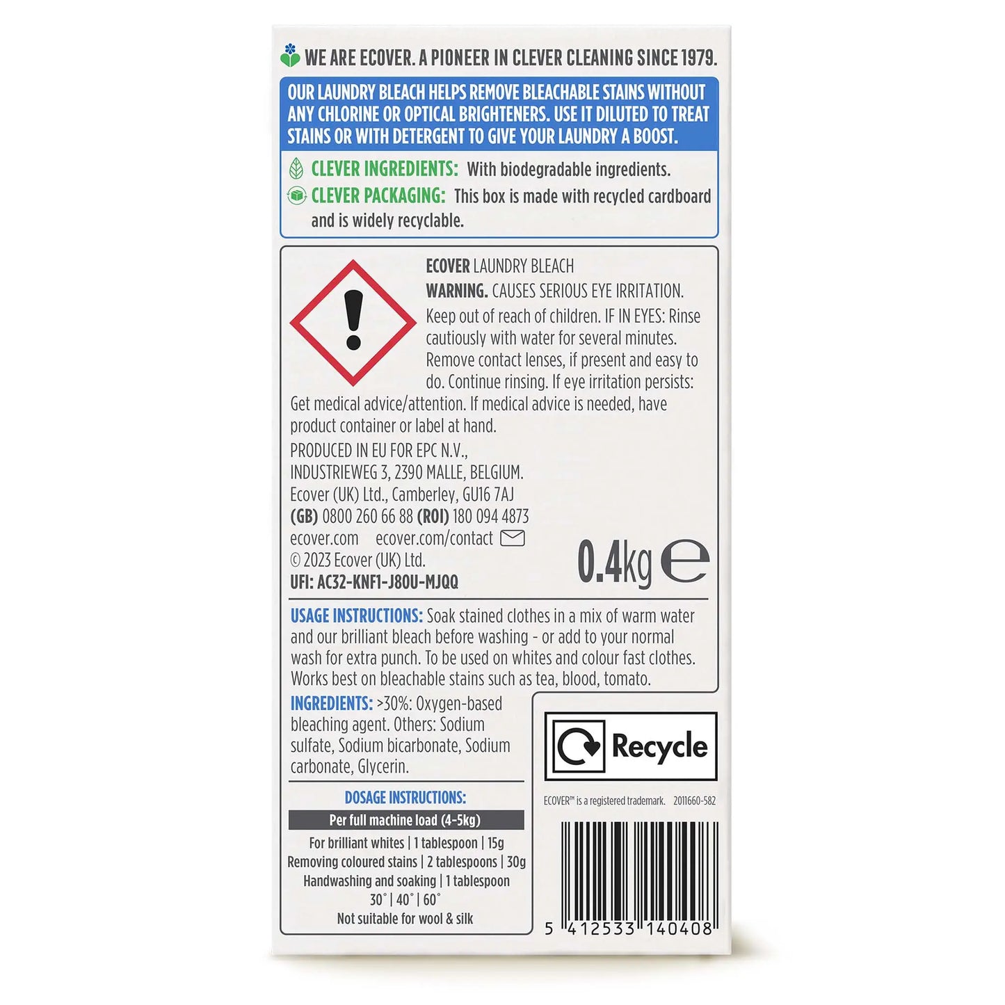 Ecover Laundry Bleach powder back label in cardboard packaging helps to remove bleachable stains.
