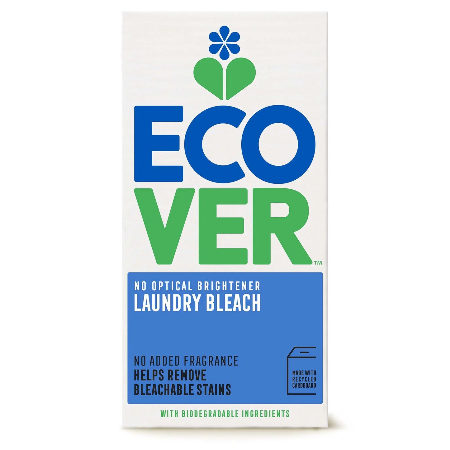 Ecover Laundry Bleach powder in cardboard packaging helps to remove bleachable stains.