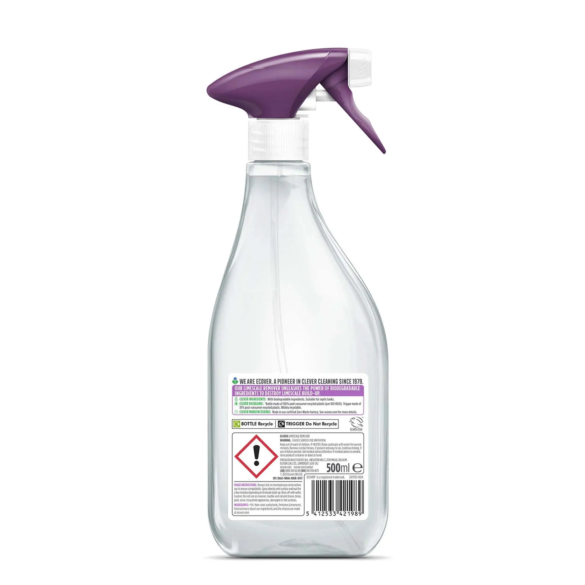 Ecover Limescale Remover berries & basil spray bottle 500ml back label.