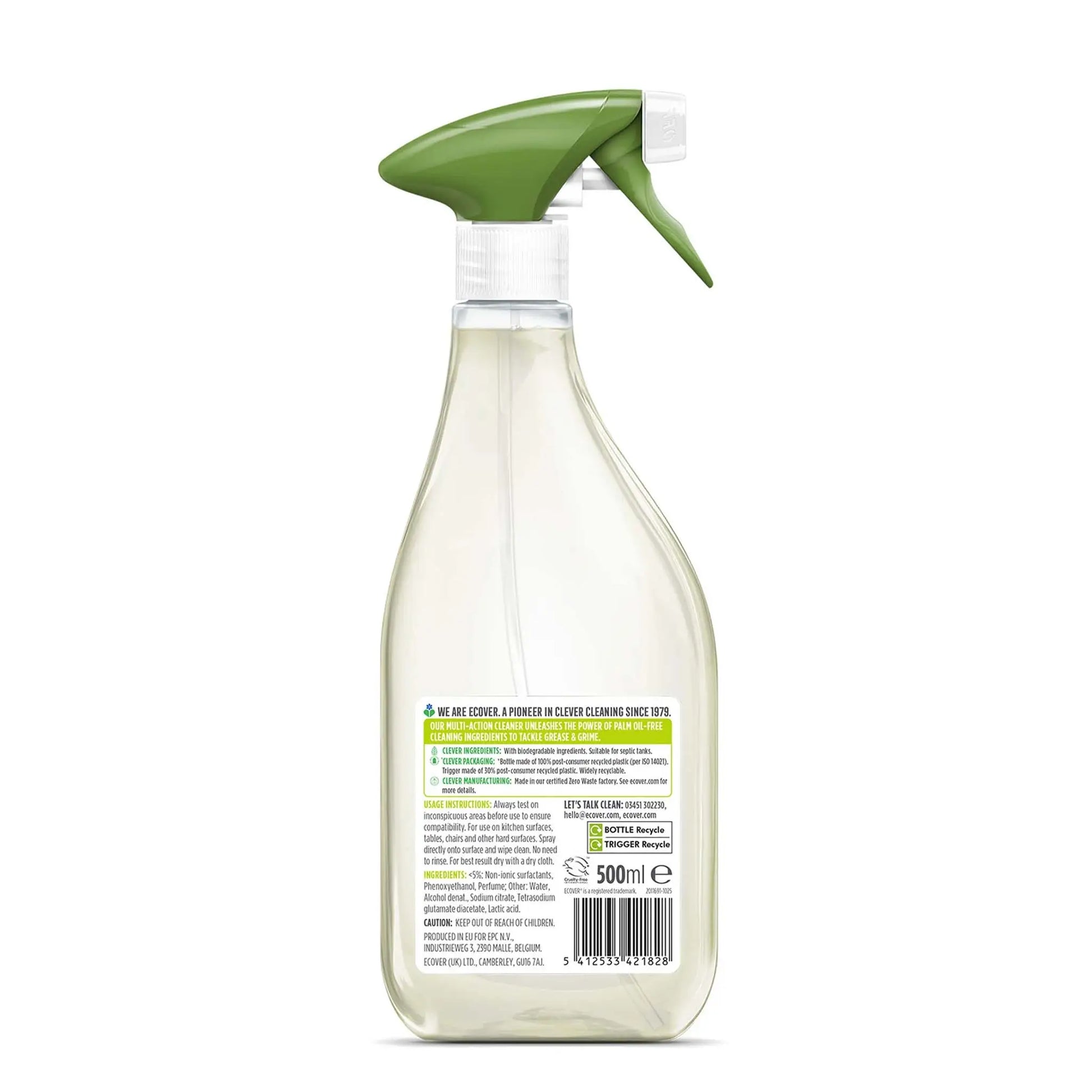 Ecover Multi Action Surface Spray Cleaner lemongrass & orange 500ml bottle back label.