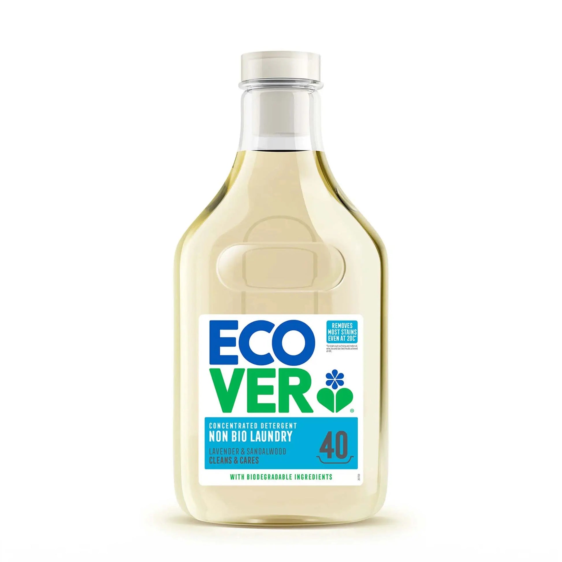 Ecover Non-Bio Concentrated Laundry detergent lavender & sandalwood scented 1.43 litre refill bottle.