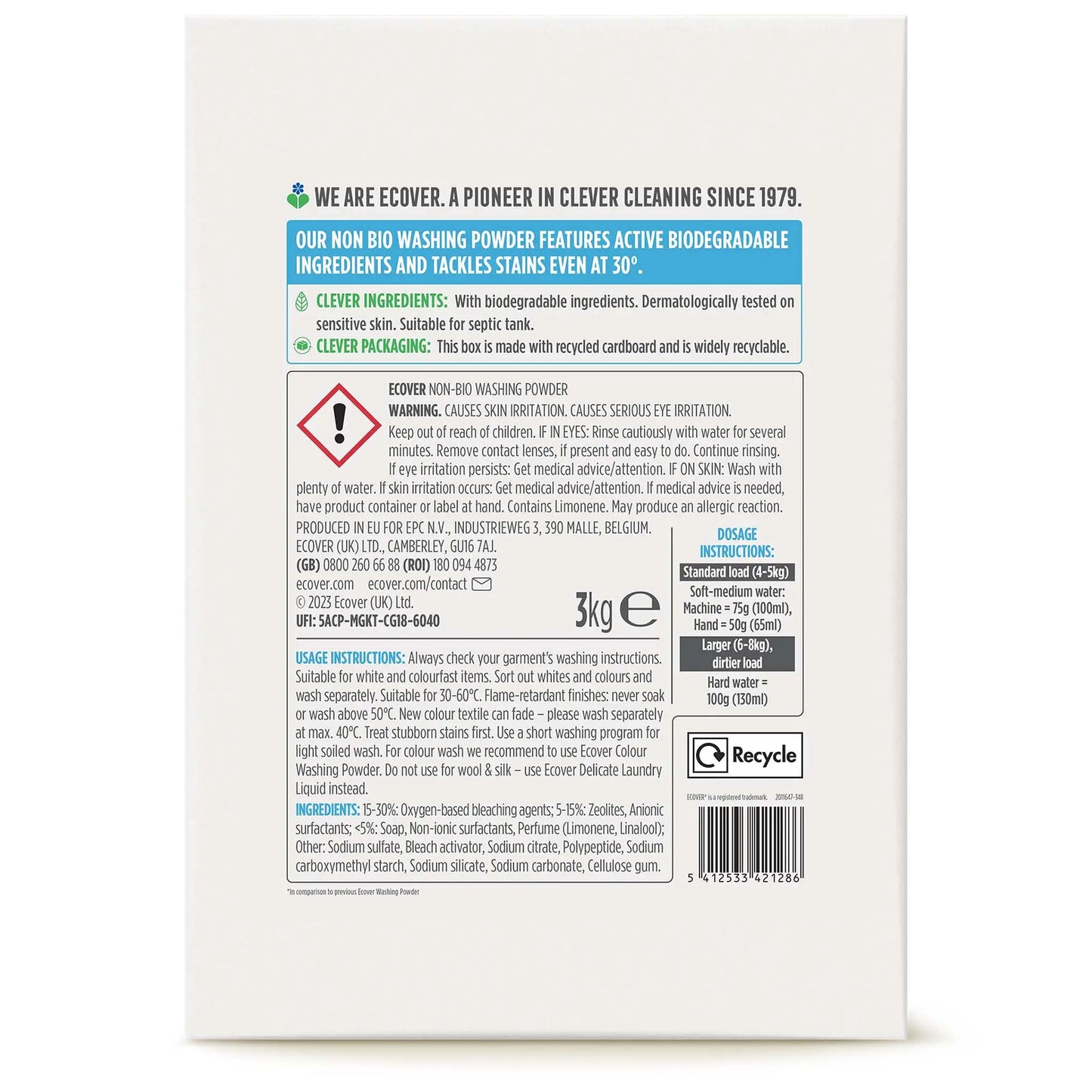 Ecover Non-Bio Laundry Washing Powder lavender & eucalyptus 3kg back label in a cardboard box 