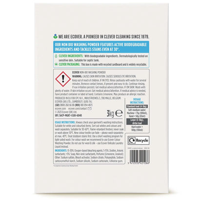 Ecover Non-Bio Laundry Washing Powder lavender & eucalyptus 3kg back label in a cardboard box 