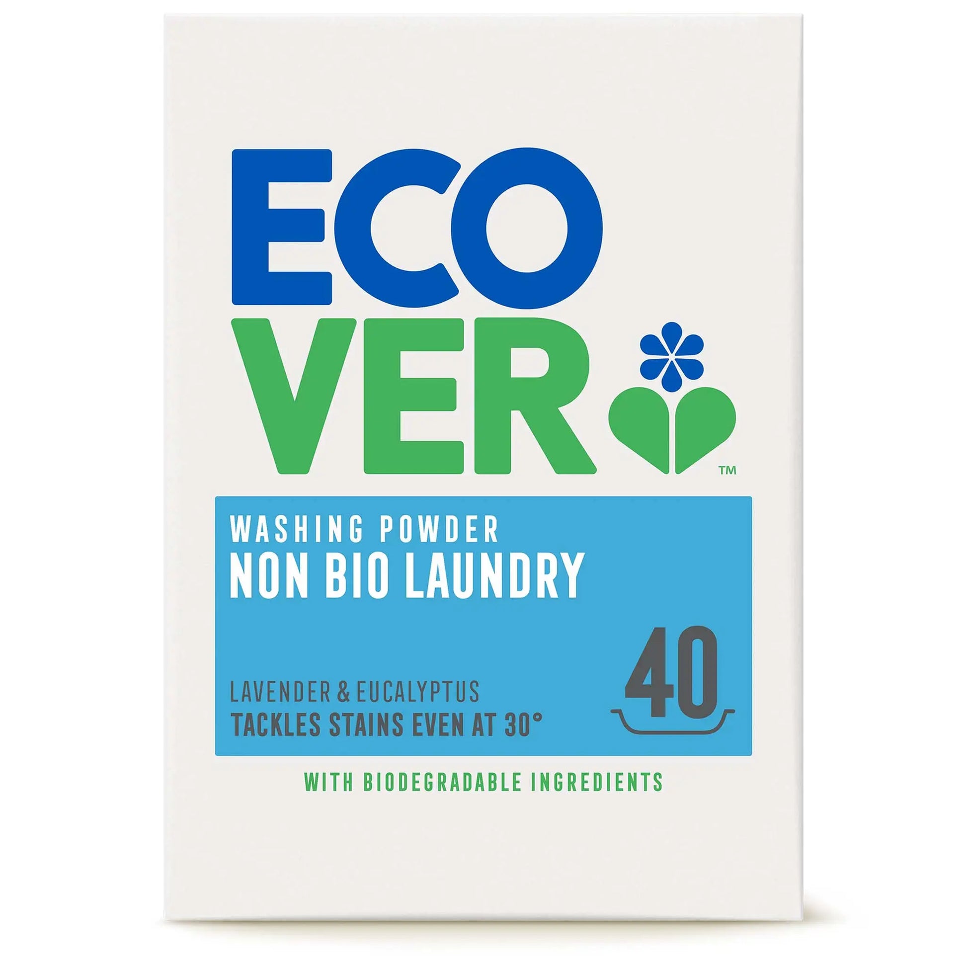 Ecover Non-Bio Laundry Washing Powder lavender & eucalyptus 3kg or 40 washes in a cardboard box.