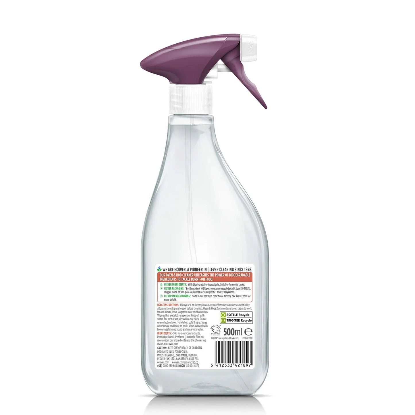 Ecover Oven & Hob Cleaner Spray 500ml spray bottle back label.