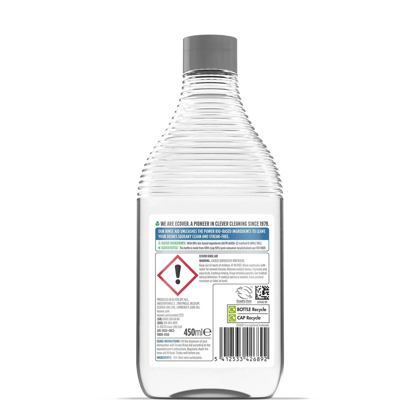 Ecover Rinse Aid 450ml bottle back label.