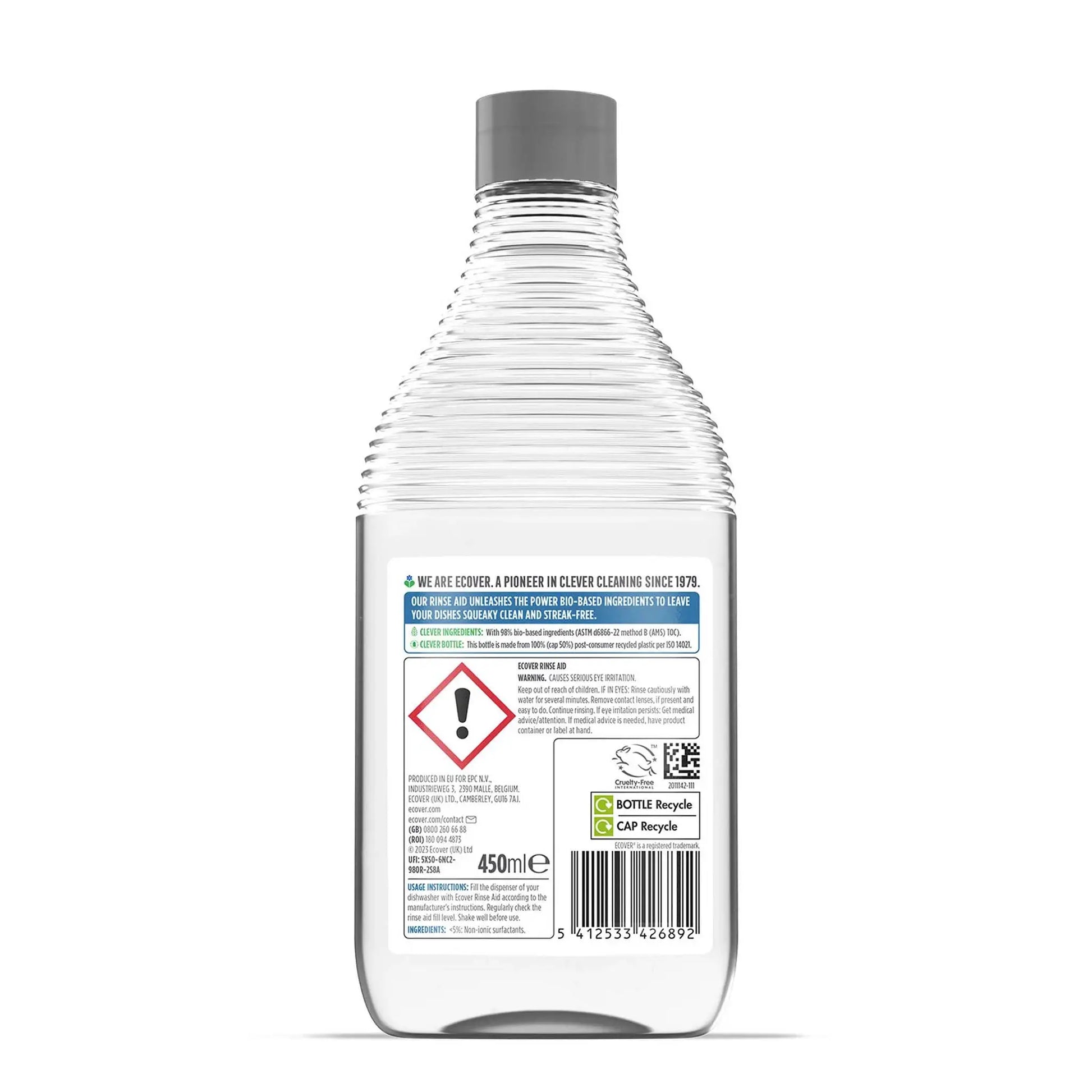Ecover Rinse Aid 450ml bottle back label.