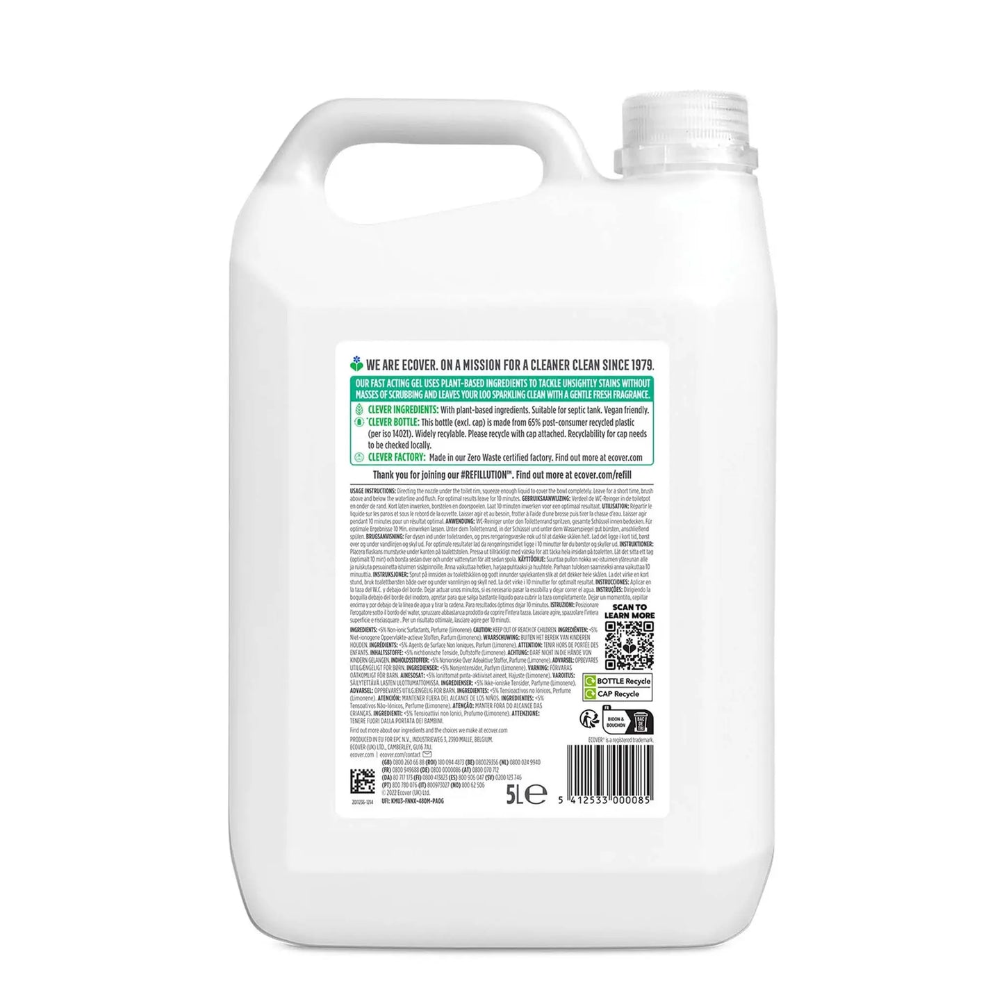 Ecover Pine & Mint Toilet Cleaner 5 litre refill bottle back label