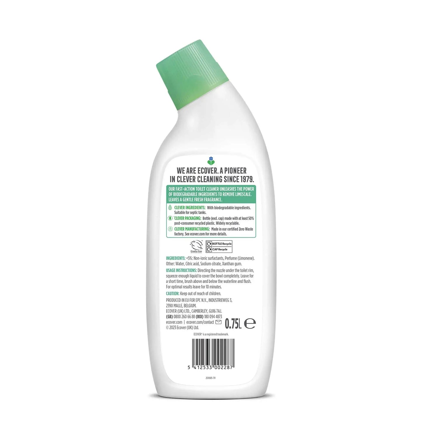 Ecover Toilet Cleaner pine & mint 750ml bottle back label.