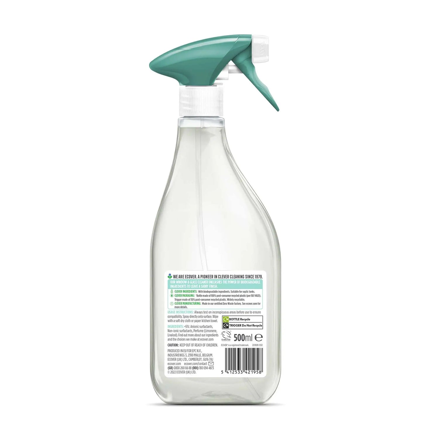 Ecover Window & Glass Cleaner 500ml spray bottle back label.