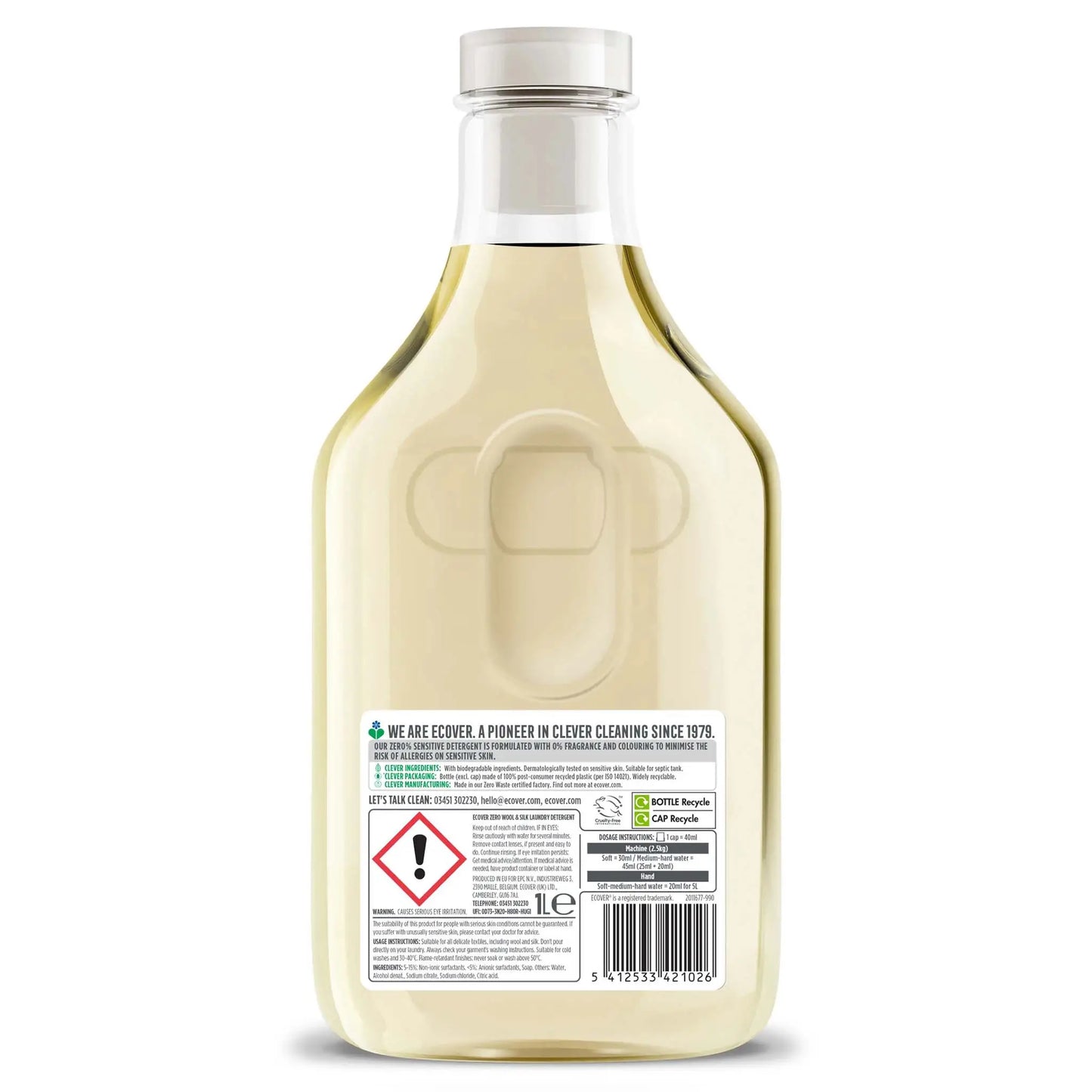 Ecover Zero Delicate Wool & Silk Laundry Liquid detergent 1 litre back label.
