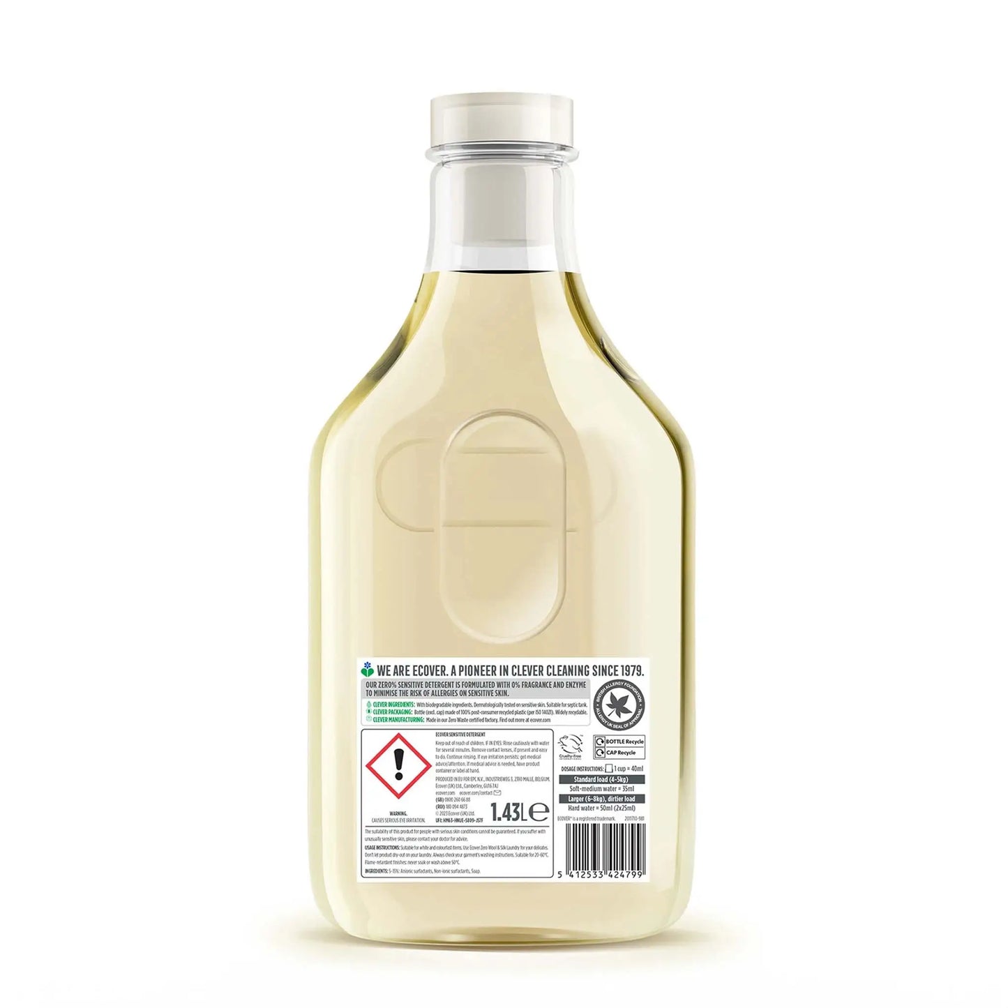 Ecover Zero Non-Bio Laundry Liquid 1.5 litre bottle back label.