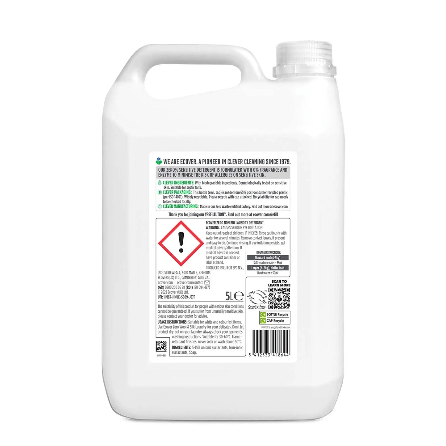 Ecover Zero Non-Bio Laundry Liquid detergent 5 litre refill bottle back label.