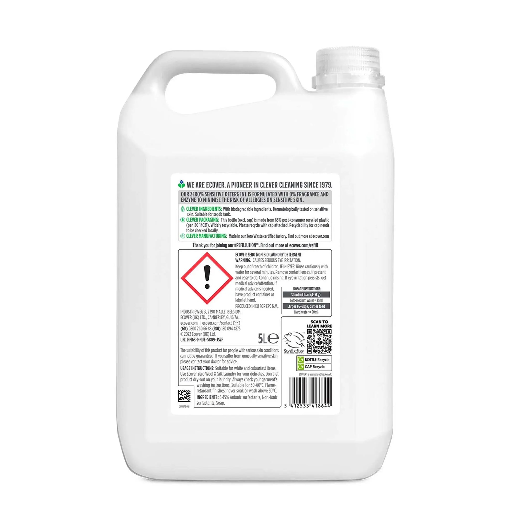 Ecover Zero Non-Bio Laundry Liquid detergent 5 litre refill bottle back label.