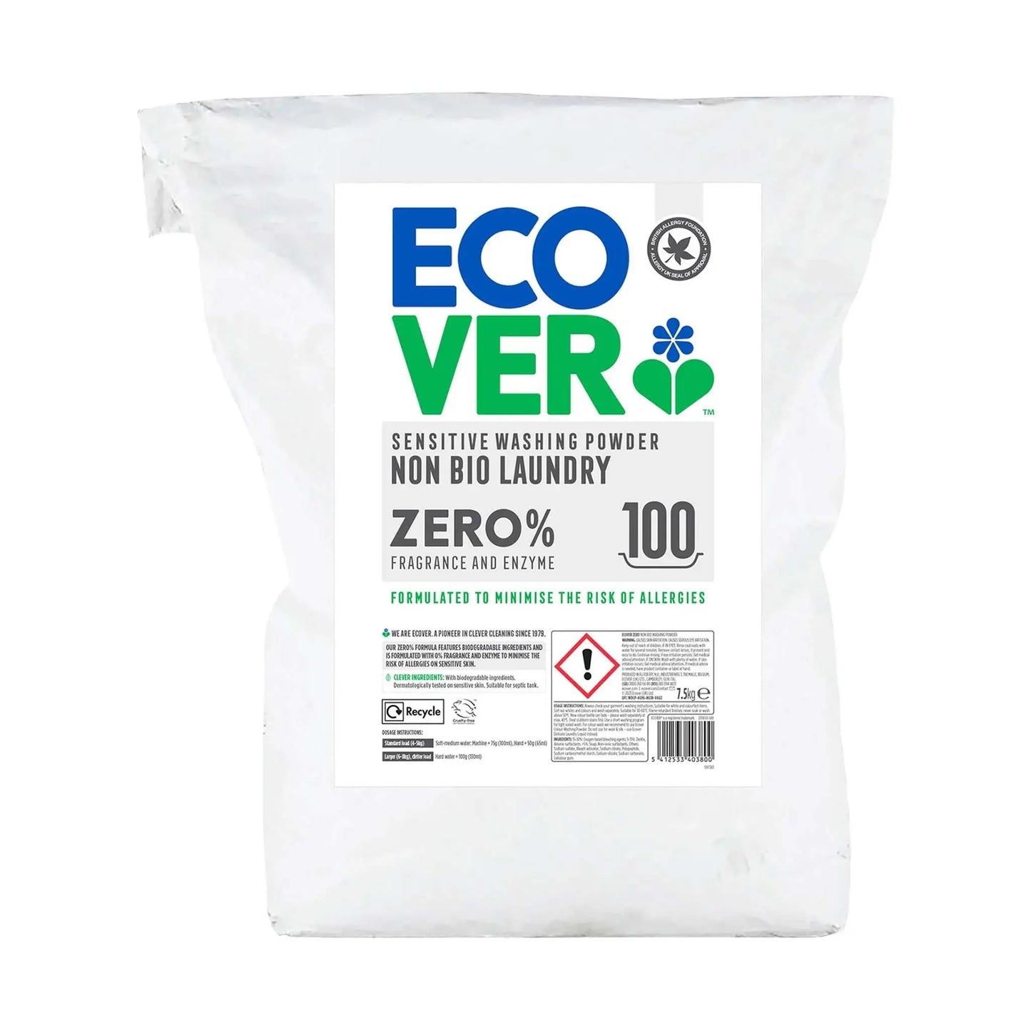 Ecover Zero Non-Bio Sensitive Laundry Powder 7.5kg paper sack.