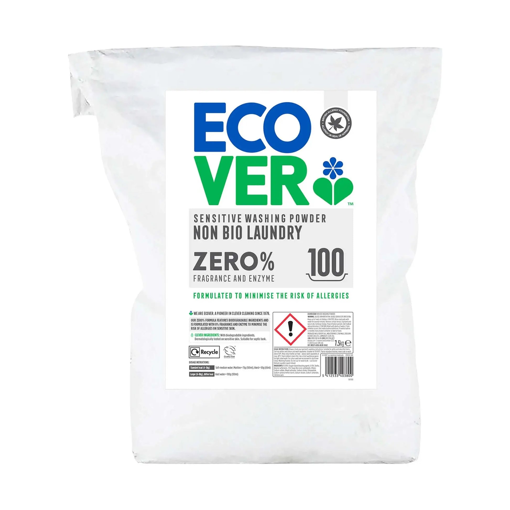 Ecover Zero Non-Bio Sensitive Laundry Powder 7.5kg paper sack.