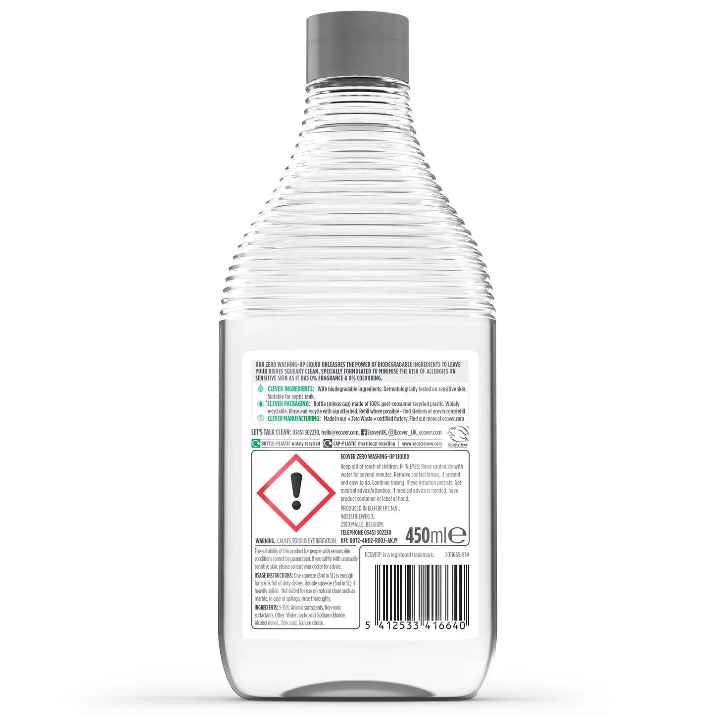 Ecover Zero Sensitive Washing-Up Liquid 450ml bottle back label.