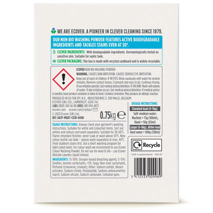 Ecover Non-Bio Laundry Washing Powder lavender & eucalyptus 750g back label in a cardboard box 